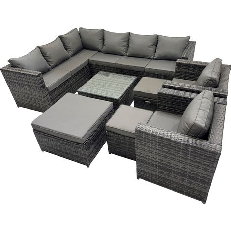 Fimous Rattan Garden Furniture Patio Furniture Sets with Corner Sofa 2 Chairs Square Coffee Table 3 Footstools Dark Grey Mixed (1/5)