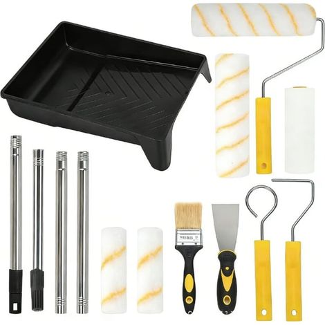 Farbroller- und Pinselset, inklusive 4 Verlängerungen, Mikrofaser-Farbroller, gepolsterter Farbwanne und Pinseln (1/5)