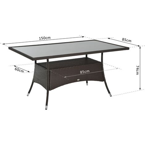 Mesa de jardín Outsunny, mesa de cristal, mesa de comedor, mesa de jardín, poliratán + cristal de seguridad, marrón + negro, 150x85x74cm (1/5)