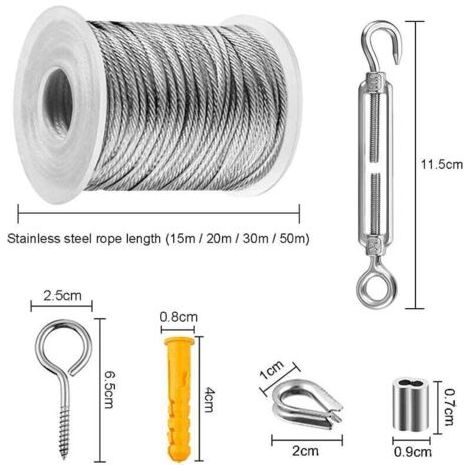 30 m Edelstahl-Kabelseil-Set, Metallseil, Edelstahlseil mit Spannvorrichtung und Haken zum Aufhängen von Lichtern, Kletterpflanzen, Wäscheleinen, Geländern (1/4)