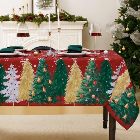 Weihnachtliche Tischdecke 140x320 cm rechteckig mit Weihnachtsbäumen und Schneeflocken, abwaschbar
