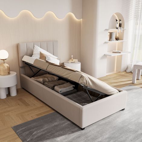 Cama individual acolchada 90x200 cm, tejido de lino, con cabecero ajustable y almacenamiento hidráulico, somier de láminas, para adolescentes - Beige