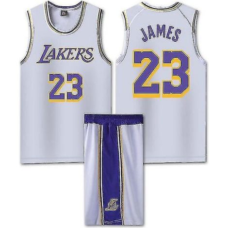 Maillot de basket Lakers n°23 James, ensemble blanc enfant taille XL (150-155cm), tenue de sport complète pour garçon, maillot et short assortis, vêtement de basketball officiel, équipement de jeu idé (1/2)