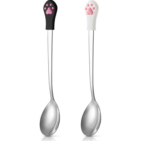 Lot de 2 cuillères pour chien et chat, en acier inoxydable, blanches et noires.