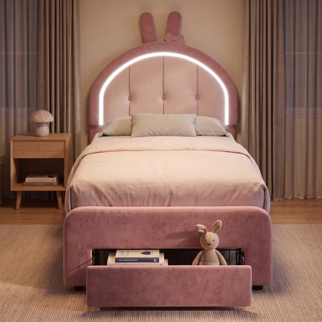 Lit simple 90x200 cm avec 1 tiroir et LED, lit enfant capitonné en velours, tête de lit oreilles de lapin réglable et sommier, Rose (1/5)