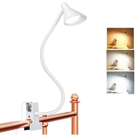 Lampe LED à pince blanche avec col de cygne flexible réglable, lumière de lecture ciblée 3 niveaux de luminosité, éclairage bureau, chevet, chambre, dortoir, fixation stable gain de place
