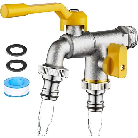 Robinet de Jardin 1/2", Robinet Double Sortie en Laiton, Robinet Antigel, Robinet Double Machine a Laver avec 2 Sorties 3/4", 1 Rouleau De Ruban D'étanchéité, Double Robinet pour Jardin, Extérieur (1/5)