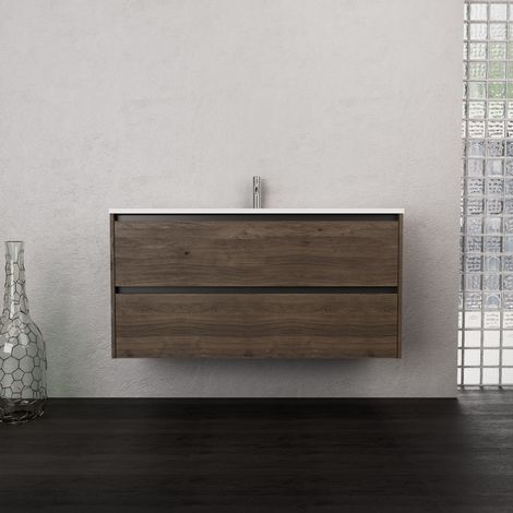 Inda - Badezimmerschrank 2 Schubladen B.120 mit mattiertem Waschbecken / Braune Eiche - Smeraldo