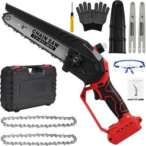 Mini tronçonneuse électrique sans fil 8" pour 18V (sans batterie)  600W, tronçonneuse électrique, sans balais, avec 2 chaînes, 2 rails de guidage, gants, lunettes et coffret (1/5)