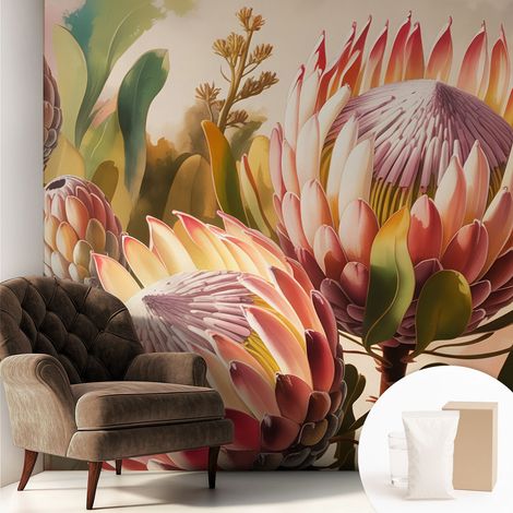 Fototapete - Tapete Vliestapete mit Kleber - Wandtapete Moderne Wandbild Schlafzimmer Wohnzimmer Protea-Blüten 250x250 cm (1/5)