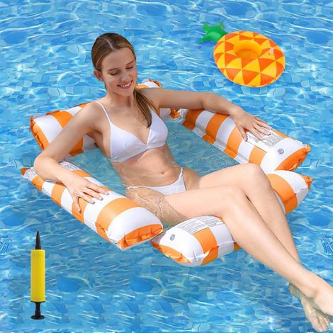 Bouee Piscine Adulte Gonflable: 4 in 1 Hamac Piscine, Hamac Flottant de Plage, Bouées et Matelas Gonflables avec Pompe à Air et Porte-Boissons Gonflables pour Activités Nautiques (Orange) (1/5)