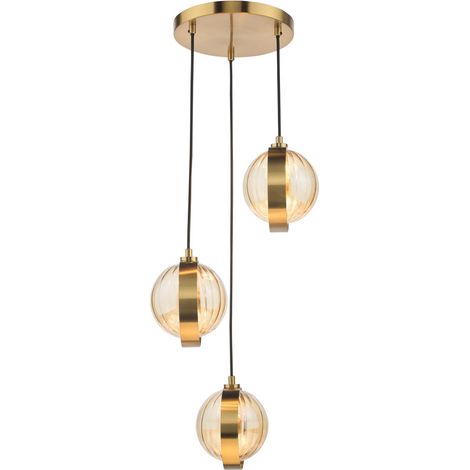 Dar Ophira Suspension Ophira à 3 lumières, finition or antique et verre côtelé ambré (1/5)