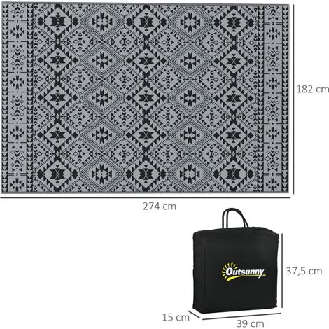 Tapis extérieur réversible noir gris 182x274cm, géométrique imperméable (1/4)