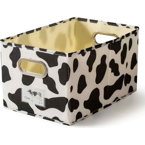 Panier de rangement pliable en tissu imprimé vache, coton et lin, avec poignées, fenêtre pour étiquette et poche. Lavable. Organisateur de bureau, placard ou étagère. (1/5)
