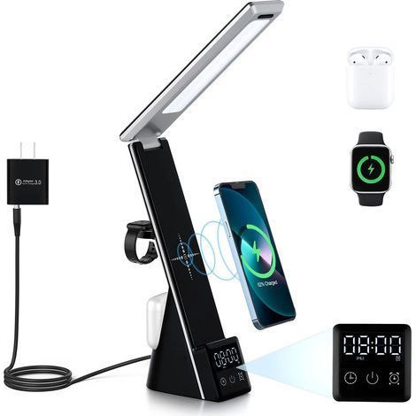 Lampada da scrivania a LED 4 in 1, 3 modalità di illuminazione regolabili, display digitale, orologio, ricarica rapida wireless Qi, ricarica per telefono, ricarica per cuffie, ricarica per Apple Watch (1/5)