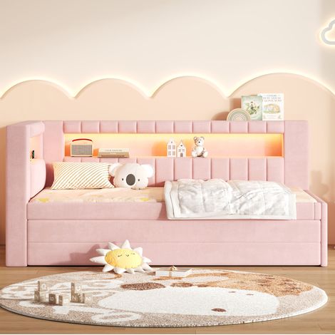 Gepolstertes Tagesbett 90 x 200 cm mit Ausziehbett, 3 Schubladen, LED und USB, Rosa (1/5)