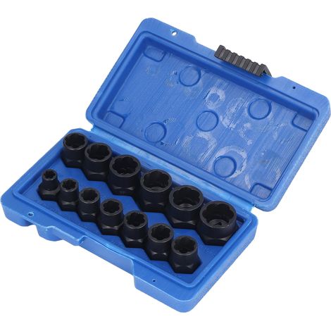 Lot de 13 douilles extractrices pour écrous boulons grippés rouillés endommagés en acier molybdène chrome 3/8in noir avec boîte (1/5)