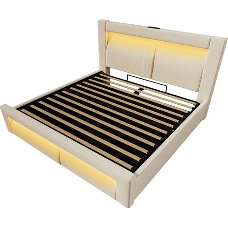 Lit coffre 160x200 cm en velours beige avec LED, USB-C et USB, app, sans matelas (1/5)