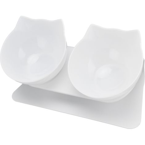 Gamelle double inclinée à 15° pour chat avec protection du cou, idéale pour la maison, les animaleries et le salon (base blanche, gamelle blanche). (1/5)