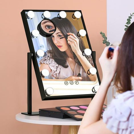 Miroir Maquillage Lumineux, Miroir Hollywood avec Conversion en 3 Couleurs, Miroir pour Coiffeuse Professionnel(40X30cm), Noir (1/5)