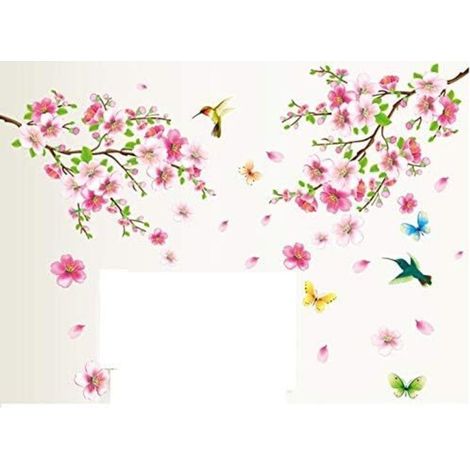 Sticker mural XXL fleurs de pêcher et oiseaux – Film PVC autocollant – Taille 60x90 cm – Décoration salon et chambre