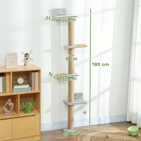 Arbre à chat 5 étages, jeu pour chat, poteaux en corde sisal, tissu peluche, couleur gris clair (1/5)