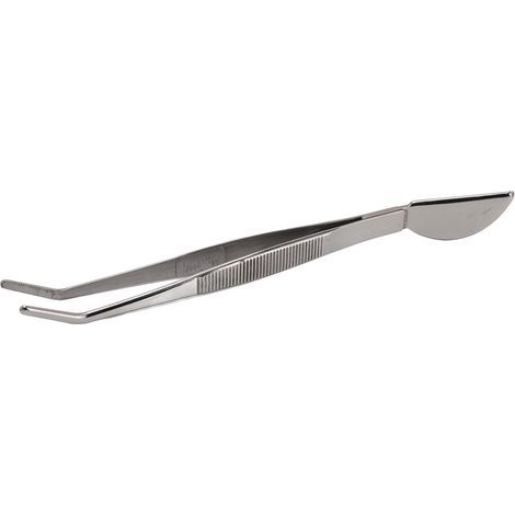 Stainless steel bonsai tweezers, long with a crescent moon-shaped spatula head for loosening potted soil and raking grass, curved style (1/5)