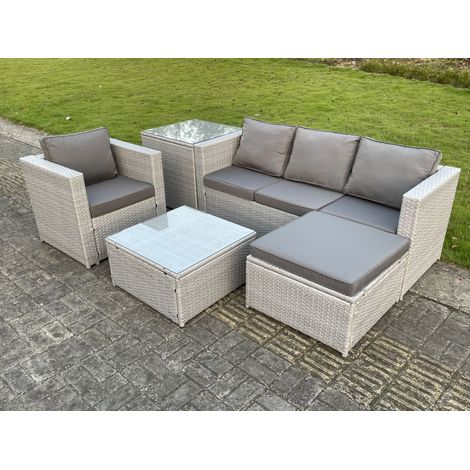 Fimous Light Grey Lounge Outdoor PE Rattan Garden Furniture Set Wicker Sofa Set Square Coffee Table Armchair Side Tea Table