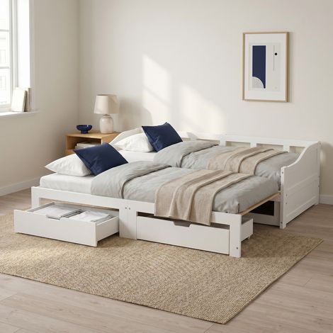 Schlafsofa, Tagesbett, Ausziehbett 90/180x200 cm, mit 2 Schubladen, Holz, Weiß (1/5)