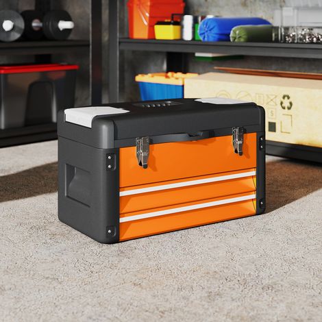 Boîte à outils vide, 49,7 x 25,3 x 28,9 cm, boîte à outils avec tiroir, mini-boîte, acier, orange