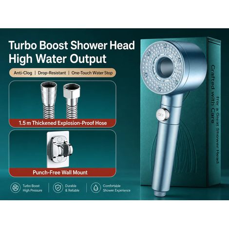 (Ensemble bleu clair 2) Pommeau de douche haute pression Turbo avec filtre, douchette à main économique en eau, jet à arrêt automatique pour salle de bain (1/5)