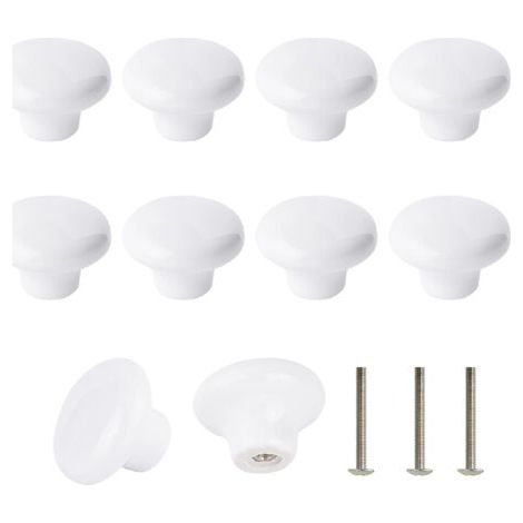 Lot de 10 Bouton En Céramique Blanc, Céramique Poignée Porte, Rétro Rond En Céramique Armoire Tiroir Cuisine Poignée De Traction 32mm Avec 3 tailles de vis (1/5)