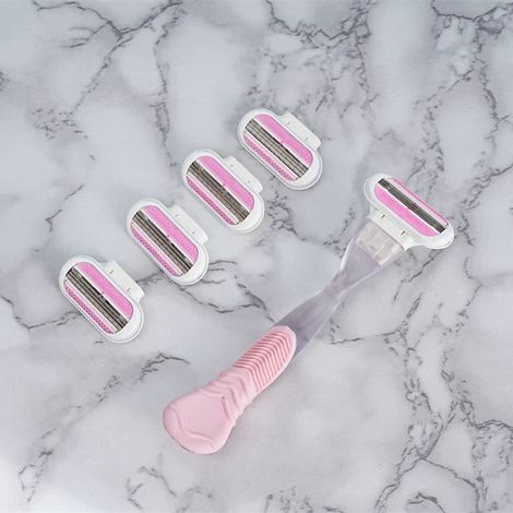Rasoir Femme 3 Lames Anticoupure - Pour Axilles et Jambes - 1 Manche Rose Vintage + 4 Recharges Rose (1/5)