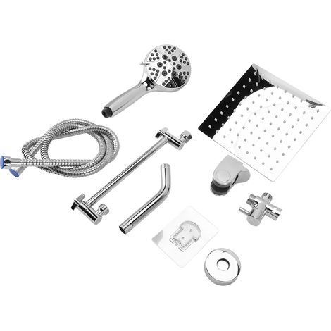 Système de douche de luxe pour salle de bain avec mitigeur effet pluie, pommeau de douche mural, inverseur, flexible et bras d'extension réglable. (1/5)