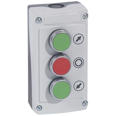 Boîte à bouton équipée Osmoz avec 3 boutons à impulsion ( 2 boutons vert et 1 bouton rouge ) avec couvercle gris LEGRAND 024236