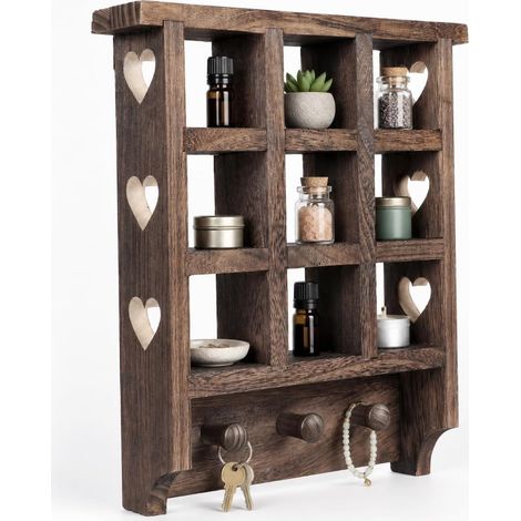 Étagère murale en bois, découpes en forme de cœur des deux côtés, avec neuf compartiments de 6,5 x 6,5 cm et trois crochets, décoration intérieure, parfaite pour exposer de jolis petits (1/5)