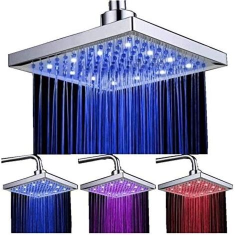 Led Shower Head, 8 Inch Square Temperature Control, 3 Color Changing ABS Chrome Finished, 12pcs Led Shower Head for Bathroom (1/5)