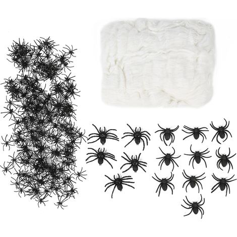 Lot de 200g Toiles d'araignée extensibles Halloween avec 215 araignées en plastique pour maison hantée, décoration intérieure et extérieure (1/5)
