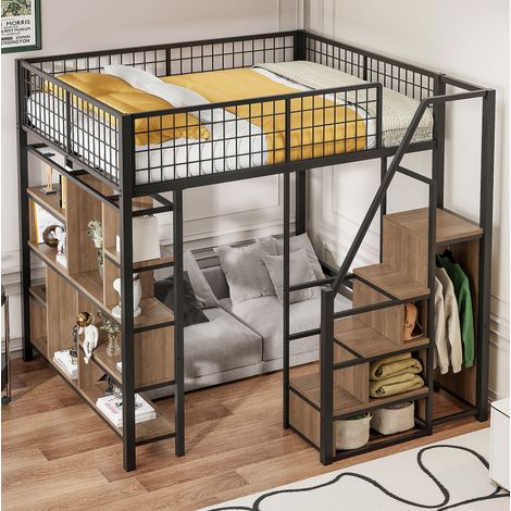 Cama alta multifuncional (204x193x170 cm), con escalera con almacenaje, espacio de almacenaje integrado, metal y madera, negra (1/5)