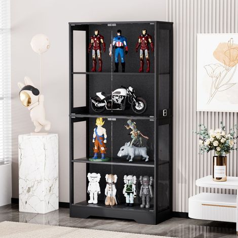 Vitrina de cristal con iluminación LED, 4 estantes, mueble alto para salón/dormitorio, 80×35×165 cm, negro