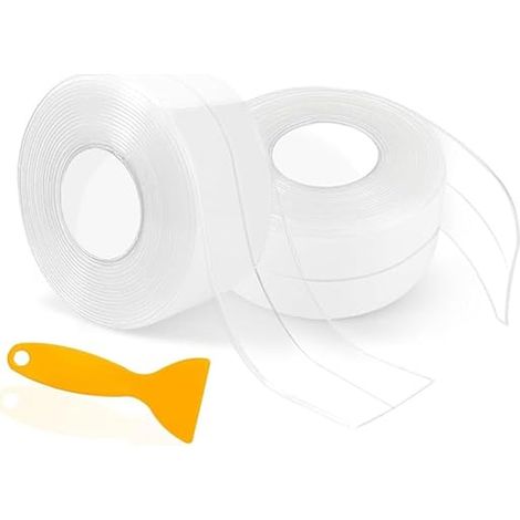 Deux morceaux de ruban d'étanchéité flexible auto-adhésif de 3,2 mètres, joint en PVC transparent pour l'étanchéité des plinthes de douche, ruban adhésif autocollant pour salle de bain (1/5)
