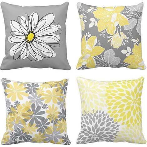 Set di 4 federe quadrate per cuscini, con motivo a margherite grigie e gialle, 45 x 45 cm, design floreale bianco moderno, adatte per divani/poltrone.