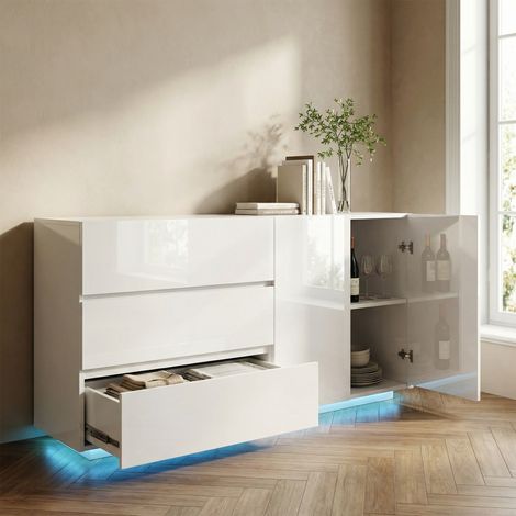 Sideboard 160x35x76 cm, Aufbewahrungsschrank für Wohnzimmer 160 cm, mit 3 Schubladen, 2 Türen und 7-farbiger LED-Beleuchtung, aus Holz mit Hochglanzoberfläche, moderner Stil, Weiß (1/5)