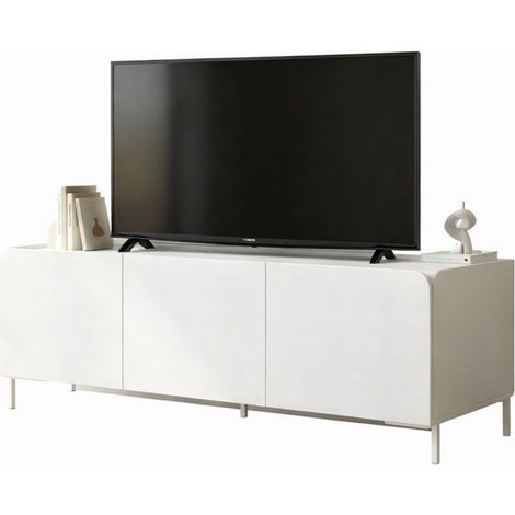 Meuble TV Design 55 Pouces 3 Portes 4 Niches Blanc Pieds Métal L 135 H 50.5 P 38.5 cm (1/5)