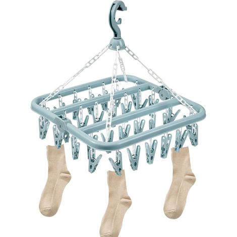 Sock Airer with 32 Clips, Indoor Outdoor Hanging Clothes Airer for Underwear, Socks, Baby Clothes, Towels (Light Blue) (1/5)