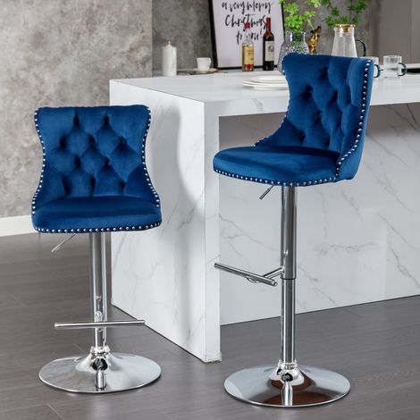Barhocker aus blauem Samt, höhenverstellbar, 360° drehbar, Chromfuß, 63,5-83,8 cm (1/5)