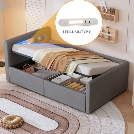 Cama infantil tapizada 90/200 cm gris claro de terciopelo con LED, USB y arcón hidráulico (1/5)