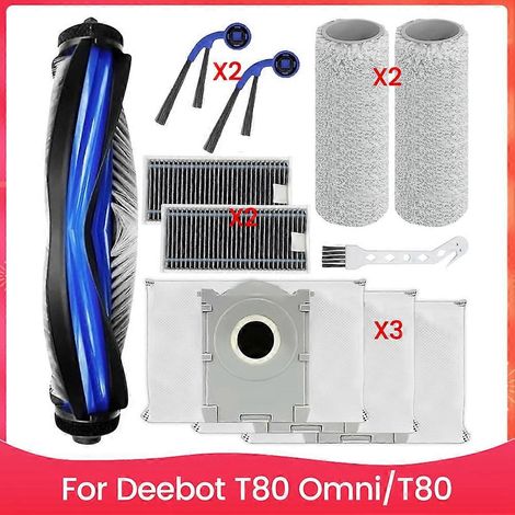Compatible avec les aspirateurs robots Deebot T80 Omni / T80 : unité principale, brosses latérales, filtre HEPA, brosse rotative, balai et sac à poussière. (1/5)