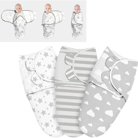 Dreiteiliges Baby-Wickelset aus 100% Baumwolle, inklusive Schlafsack mit Füßen, 56 x 73 cm, grau. (1/5)