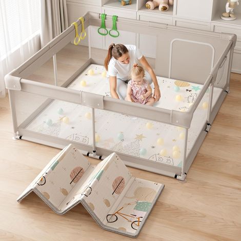 Aire de jeux pour enfants, aire de jeux pour bébés 150x150x68 cm avec filet respirant et ventouses,avec tapis en tissu Oxford. (1/5)
